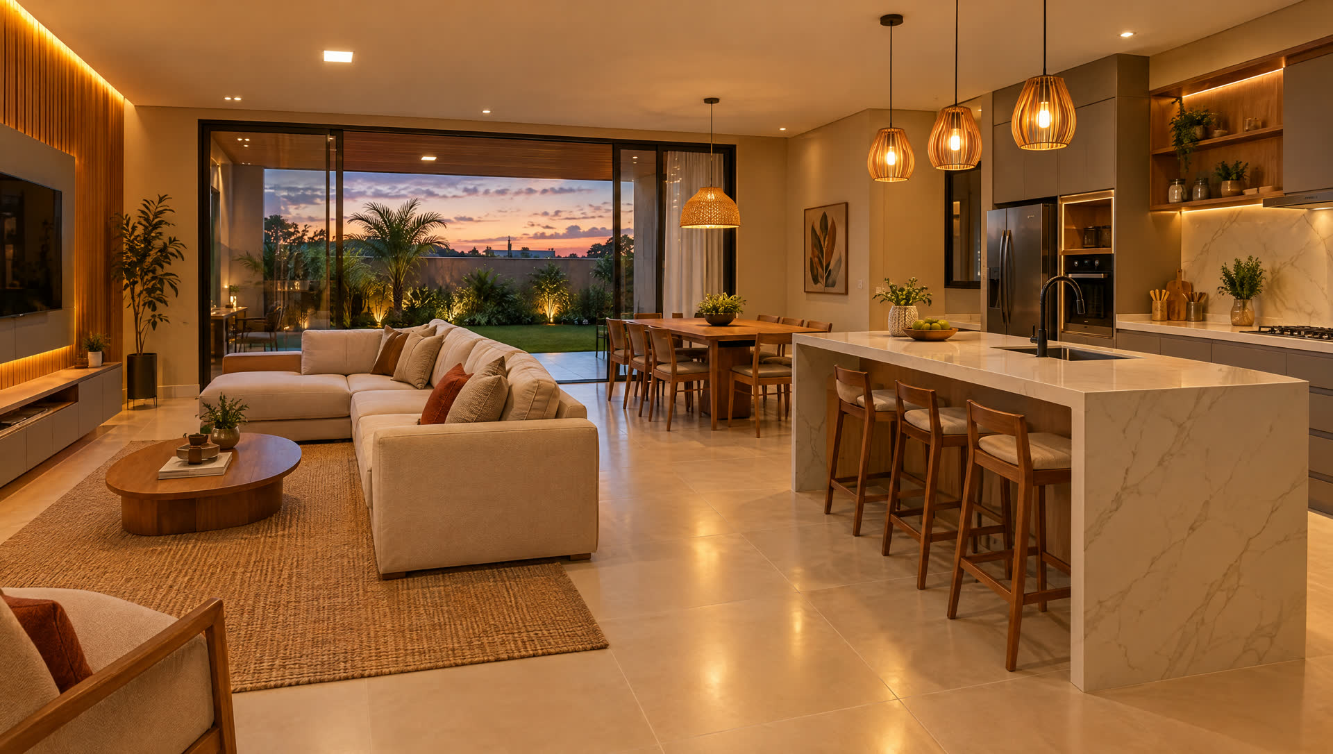 Casa pronta com piso de porcelanato e bancada em pedra