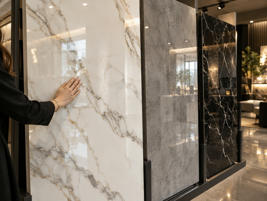 Chapas de porcelanato polido em expositor de showroom